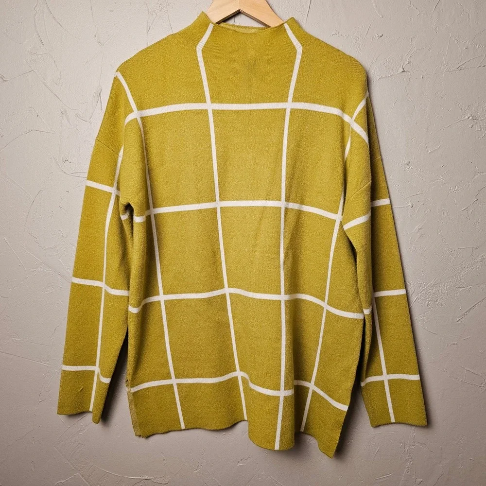 MAX STUDIO Women's Green / Mustard Yellow Grid Print Mock‎ Neck Sweater XL EUC